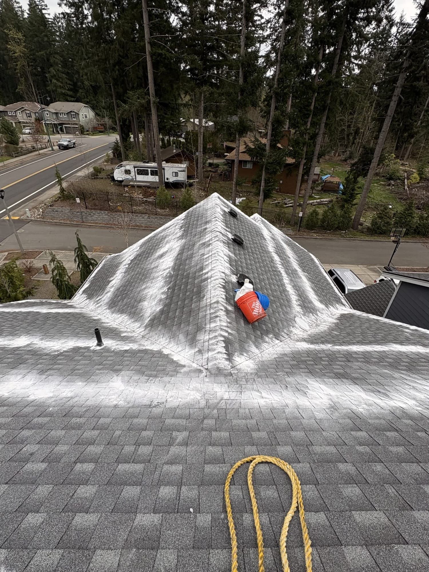 Zinc powder applied along a roof ridge during treatment