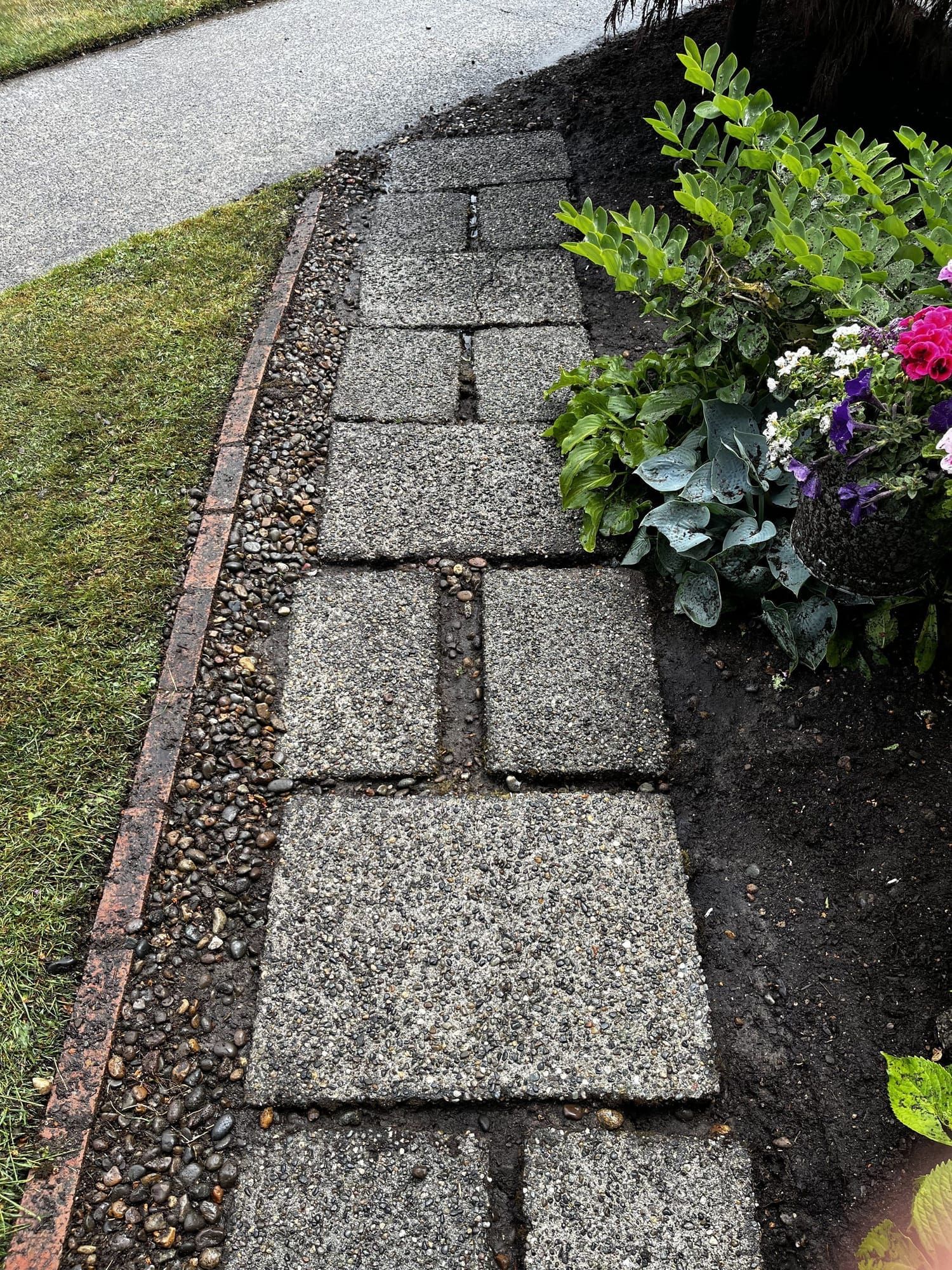 Same paver walkway after pressure washing, clean and restored