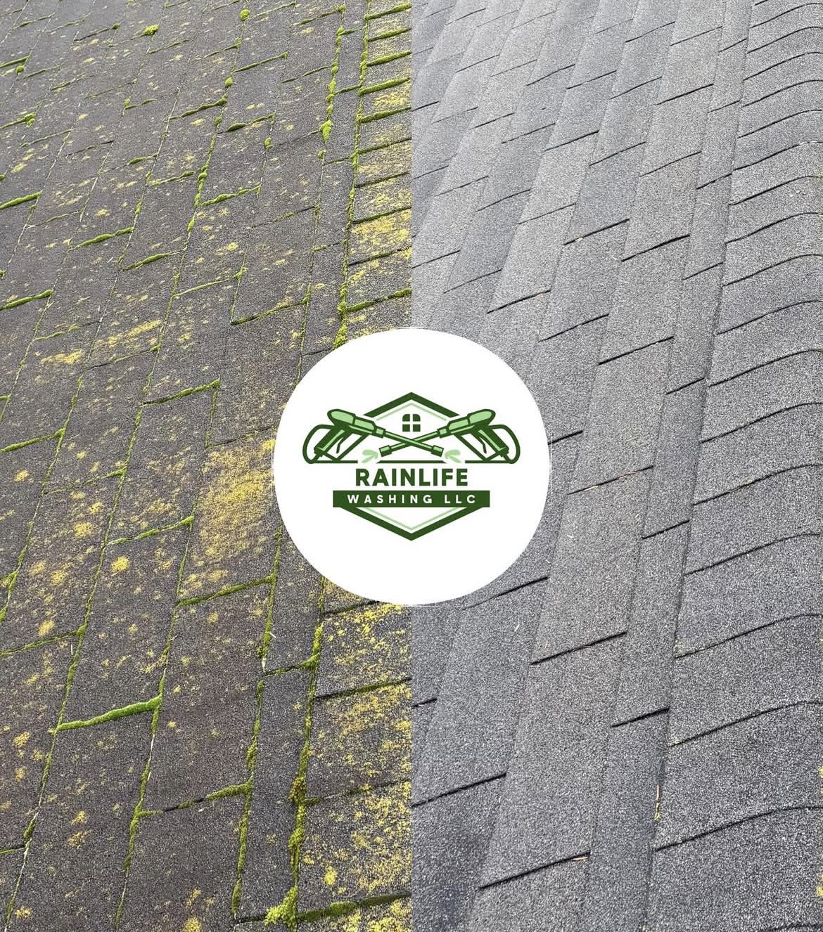 Shingle roof before and after soft wash cleaning